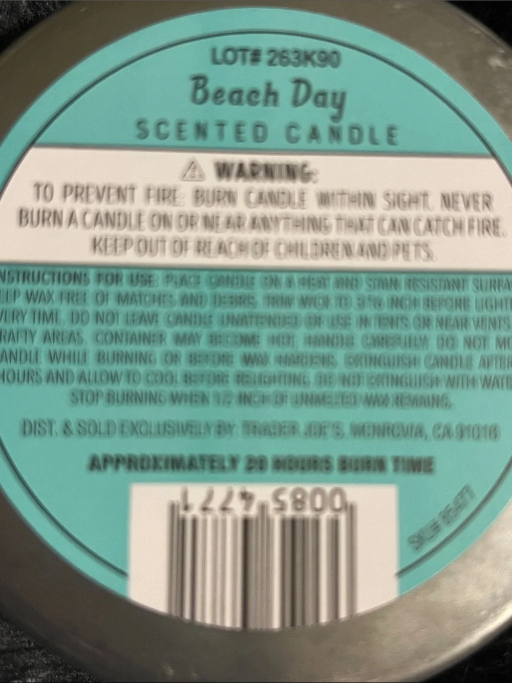 Trader Joe's Beach Day Scented Candle - Silver Tin, Teal Label